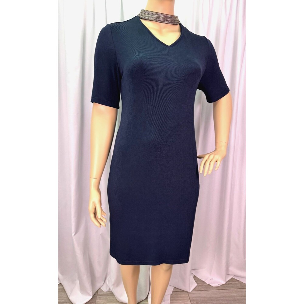 Chico’s Travelers Choker V-Neck Knee Length Dress Navy Size 3 XL Stretch NWOT